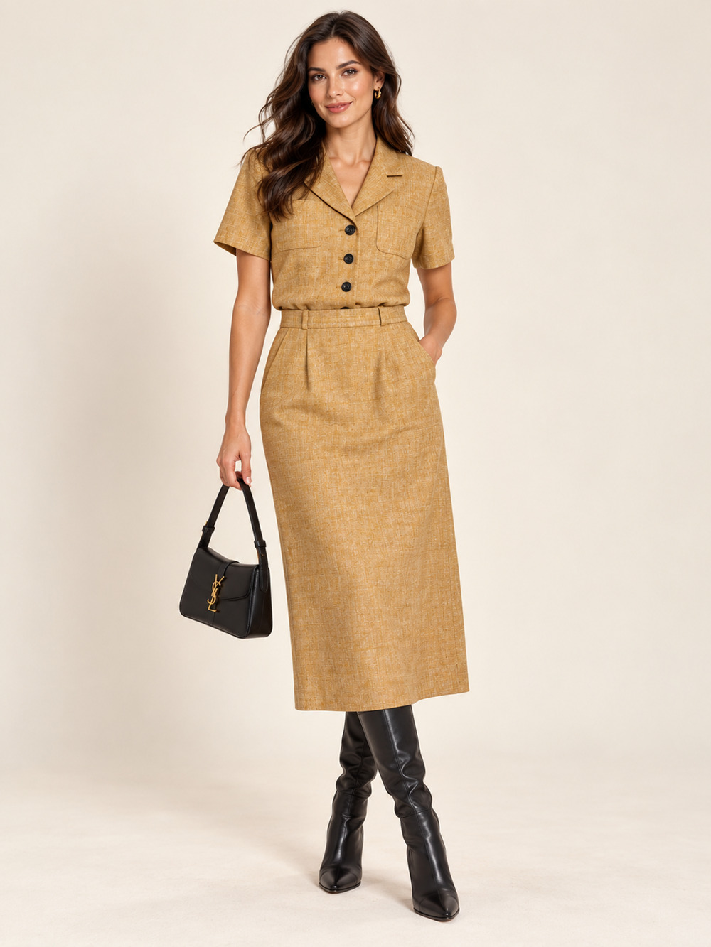 Vintage Yves Saint Laurent Linen Skirt Suit Set Short Sleeve Jacket Tan Beige 38